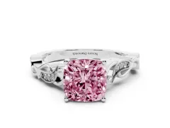 Fancy Pink Cushion Cut Diamond Vine Band Solitaire Ring Set in Platinum with Milgrain Prong Setting