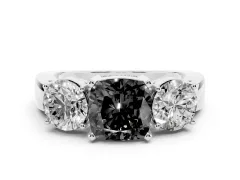 Fancy Black Cushion Cut Diamond Three-Stone Ring Set in Platinum with Round Side Stones and Classic Band