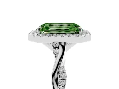 Fancy Green Emerald Cut Diamond Halo Twist Band Solitaire Ring Set in Silver with Prong Setting