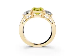 Fancy Yellow Asscher Cut Diamond Three-Stone Ring Set in Yellow gold with Round Side Stones and Classic Band