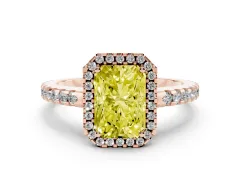 Fancy Yellow Radiant Cut Diamond Halo Ring Set in Rose gold with Pavé Shoulders and Halo-Framed Center