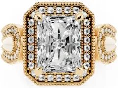 Radiant Cut Diamond Halo Ring Set in Yellow gold with Milgrain Accent Split Shank