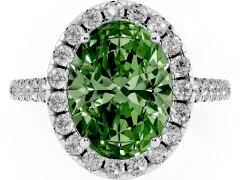 Fancy Green Oval Cut Diamond Pavé Halo Engagement Ring Set in White gold with Pavé Band and Prong Setting