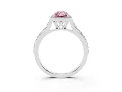 Fancy Pink Radiant Cut Diamond Halo Engagement Ring Set in White gold with Round Pavé Shoulders and Heart Gallery