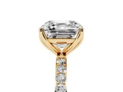 Asscher Cut Diamond Solitaire Engagement Ring Set in Yellow gold with Round Pavé Band and Prong Setting