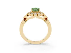 Fancy Green Oval Cut Diamond Solitaire Ring Set in Yellow gold with Milgrain Pavé Heart Band