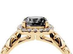 Fancy Black Cushion Cut Diamond Halo Ring Set in Yellow gold with Filigree Leaf Band and Prong Setting