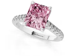 Fancy Pink Radiant Cut Diamond Solitaire Ring Set in Platinum with Brilliant Pavé Band and Prong Setting