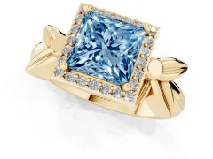 Fancy Blue Princess Cut Diamond Halo Floral Band Ring Set in Yellow gold with Prong Setting
