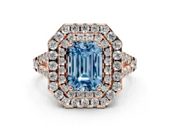 Fancy Blue Emerald Cut Diamond Double Halo Ring Set in Rose gold with Pavé Split Shank and Prong Setting