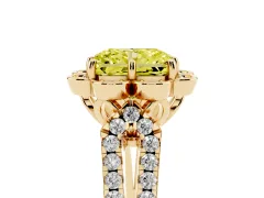 Fancy Yellow Radiant Cut Diamond Floral Halo Split Shank Engagement Ring Set in Yellow gold with Pavé Shank