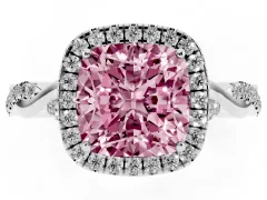 Fancy Pink Cushion Cut Diamond Halo Twist Band Solitaire Ring Set in Silver with Prong Setting