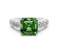 Fancy Green Asscher Cut Diamond Solitaire Ring Set in Silver with Cut-Down Micro Pavé Band and Prong Setting