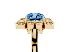 Fancy Blue Cushion Cut Diamond Cluster Halo Ring Set in Yellow gold with Milgrain Bezel Accents and Plain Band