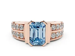 Fancy Blue Emerald Cut Diamond Wide Channel Set Band Ring Set in Rose gold with Bezel Setting