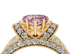 Fancy Pink Heart Cut Diamond Milgrain Halo Pavé Engagement Ring Set in Yellow gold with Prong Setting
