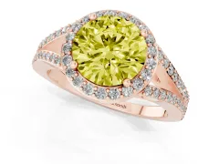 Fancy Yellow Round Cut Diamond Halo Split Shank Ring Set in Rose gold with Accent Stones and Prong Setting