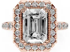 Emerald Cut Diamond Halo Ring Set in Rose gold with Pavé Shank and Prong Setting