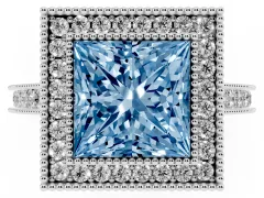 Fancy Blue Princess Cut Diamond Halo Milgrain Pavé Band Ring Set in Platinum with Prong Setting