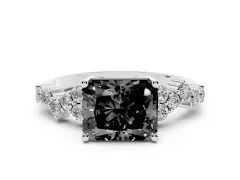 Fancy Black Radiant Cut Diamond Ring Set in Platinum with Scattered Round Accents