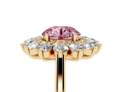 Fancy Pink Round Cut Diamond Floral Double Halo Ring Set in Yellow gold with Round Petals