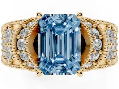 Fancy Blue Emerald Cut Diamond Milgrain Halo Pavé Engagement Ring Set in Yellow gold with Prong Setting