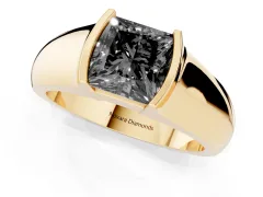 Fancy Black Princess Cut Diamond Bezel Solitaire Ring Set in Yellow gold with Wide Band
