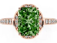 Fancy Green Radiant Cut Diamond Halo Ring Set in Rose gold with Channel Set Band and Prong Setting