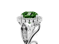 Fancy Green Cushion Cut Diamond Halo Ring Set in White gold with Leaf Motif Split Shank and Prong Setting