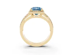 Fancy Blue Princess Cut Diamond Halo Ring Set in Yellow gold with Double Pavé Split Shank
