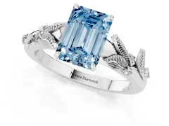 Fancy Blue Emerald Cut Diamond Solitaire Ring Set in White gold with Leaf Motif Band