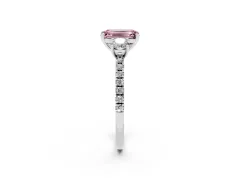 Fancy Pink Emerald Cut Diamond Three-Stone Ring Set in White gold with Pavé Band and Graduated Sides