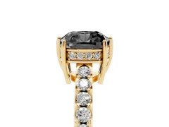 Fancy Black Cushion Cut Diamond Solitaire Engagement Ring Set in Yellow gold with Pavé Band and Prong Setting
