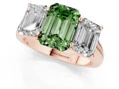 Fancy Green Emerald Cut Diamond Three-Stone Ring Set in Rose gold with Plain Polished Band