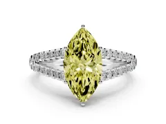 Fancy Yellow Marquise Cut Diamond Split Shank Pavé Engagement Ring Set in Platinum with Prong-Held Center Stone