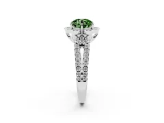 Fancy Green Round Cut Diamond Floral Halo Split Shank Engagement Ring Set in White gold with Pavé Shank