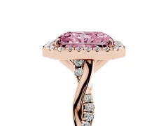 Fancy Pink Radiant Cut Diamond Halo Twist Band Solitaire Ring Set in Rose gold with Prong Setting