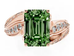 Fancy Green Emerald Cut Diamond Solitaire Ring Set in Rose gold with Layered Twist Pavé Band