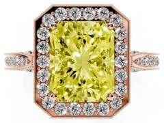 Fancy Yellow Radiant Cut Diamond Halo Engagement Ring Set in Rose gold with Accent Split Shank Band