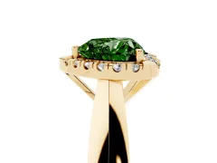 Fancy Green Heart Cut Diamond Halo Solitaire Engagement Ring Set in Yellow gold with Square Band and Prong Setting