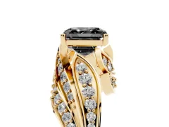 Fancy Black Asscher Cut Diamond Solitaire Ring Set in Yellow gold with Layered Twist Pavé Band