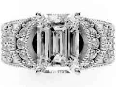 Emerald Cut Diamond Milgrain Halo Pavé Engagement Ring Set in White gold with Prong Setting