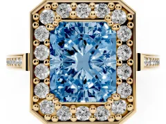 Fancy Blue Radiant Cut Diamond Halo Ring Set in Yellow gold with Accent-Lined Split Shank and Prong Setting