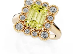 Fancy Yellow Emerald Cut Diamond Cluster Halo Ring Set in Yellow gold with Milgrain Bezel Accents and Plain Band
