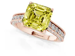 Fancy Yellow Asscher Cut Diamond Solitaire Ring Set in Rose gold with Milgrain-Edged Pavé Band and Prong Setting