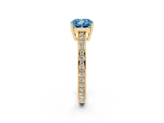 Fancy Blue Cushion Cut Diamond Pavé Band Prong Set Solitaire Ring Set in Yellow gold
