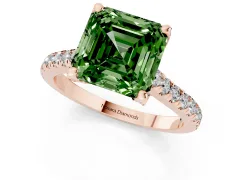 Fancy Green Asscher Cut Diamond Solitaire Ring Set in Rose gold with Brilliant Pavé Band and Prong Setting