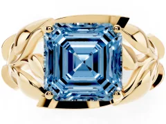 Fancy Blue Asscher Cut Diamond Leaf-Inspired Engagement Ring Set in Yellow gold with Round Accents