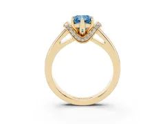 Fancy Blue Radiant Cut Diamond Pavé Band Solitaire Ring Set in Yellow gold with Prong Setting