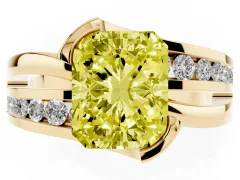 Fancy Yellow Radiant Cut Diamond Solitaire Ring Set in Yellow gold with Channel Set Split Shank and Tension Prongs